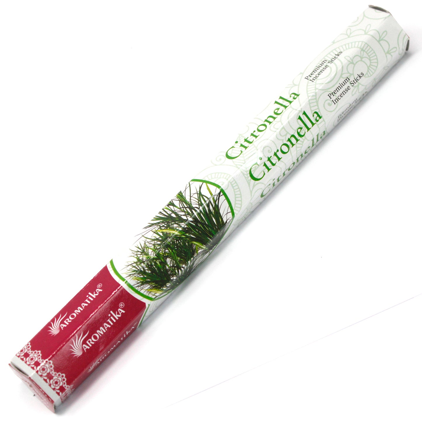 A cylindrical package labeled "Citronella Premium Incense Sticks" features grass imagery and the brand name "Aromatika" in red. The package is set against a plain background.