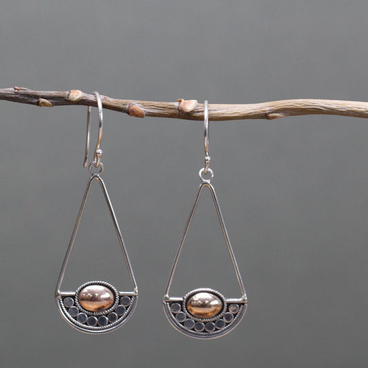 Two silver and gold earrings dangle from a thin, bare tree branch. The earrings are triangle-shaped with a gold oval at the bottom.