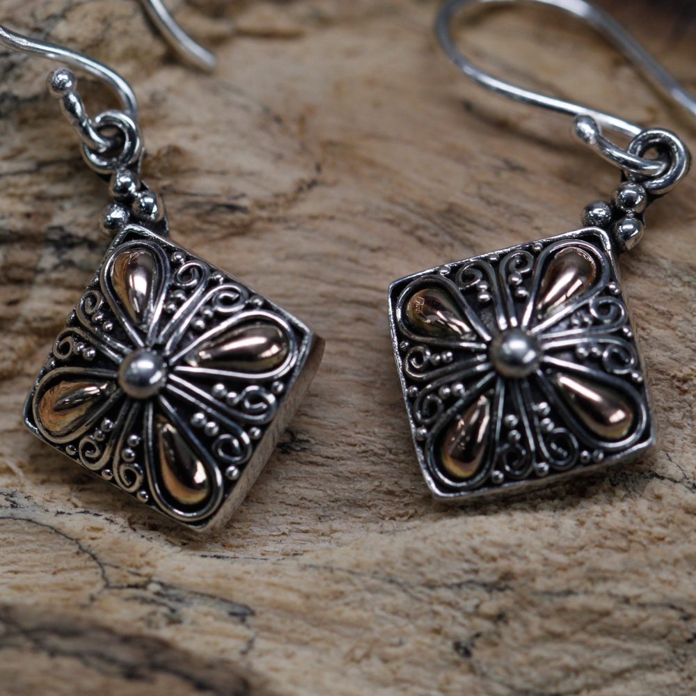 Silver and Gold Earring - Square Drop