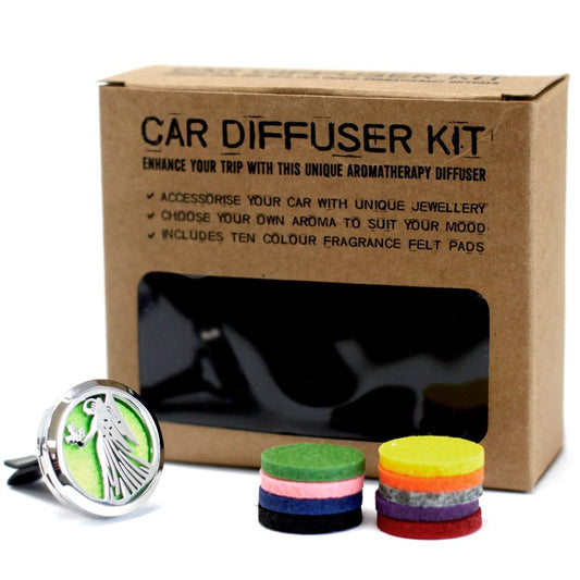 A car diffuser kit box, labeled "CAR DIFFUSER KIT," sits near a silver car vent clip and stacks of colorful felt pads. The box states: "ENHANCE YOUR TRIP WITH THIS UNIQUE AROMATHERAPY DIFFUSER," and lists benefits.
