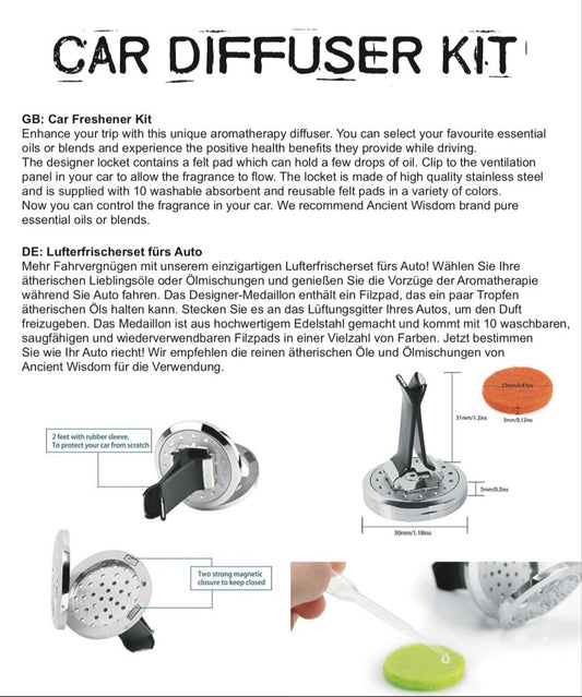 A "CAR DIFFUSER KIT" advertisement shows aromatherapy diffusers, including diagrams with size measurements, alongside informational paragraphs in English and German. The text notes "2 feet with rubber sleeve. To protect your car from scratch" and "Two strong magnetic closure to keep closed".