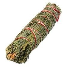 A smudge stick, wrapped with red twine, sits against a white background. The bundle of green leaves and twigs is tightly packed and cylindrical.