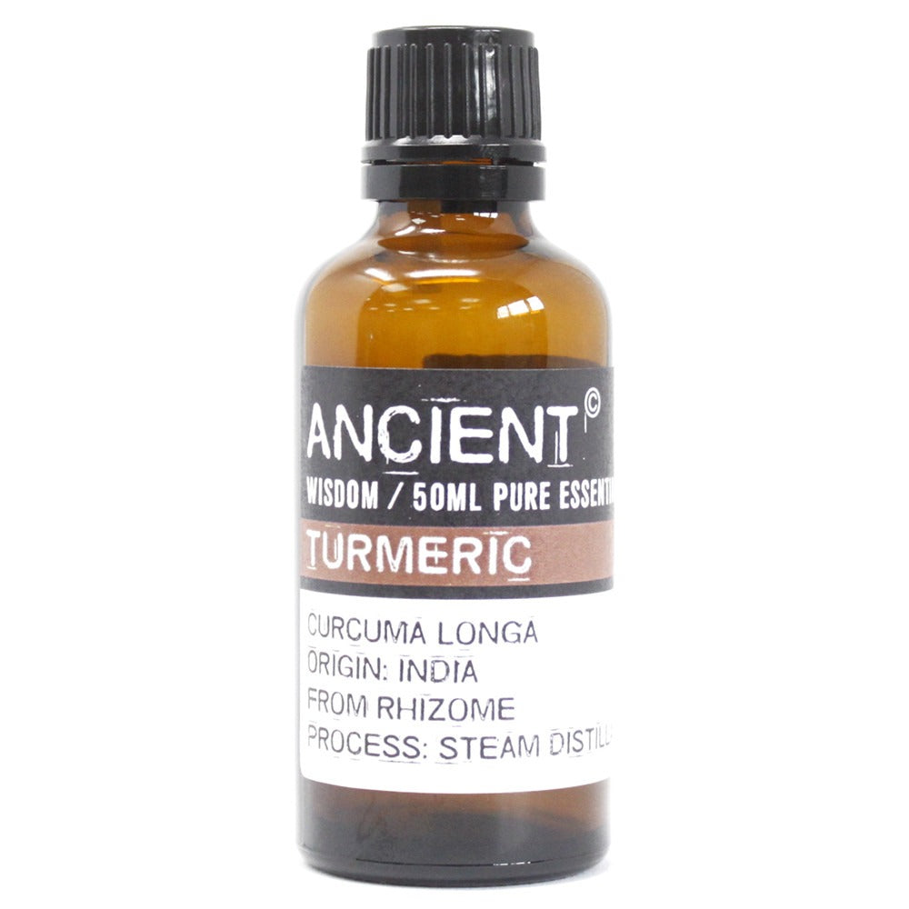 An amber bottle holds turmeric essence. The label reads "ANCIENT WISDOM/50ML PURE ESSENT TURMERIC, CURCUMA LONGA ORIGIN: INDIA FROM RHIZOME PROCESS: STEAM DISTILL" and sits against a bright white background.