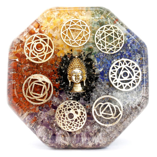 An orgone pyramid shows a golden Buddha head surrounded by black fragments, metal chakra symbols and layers of small multi-colored stones set in clear resin, all against a white background.