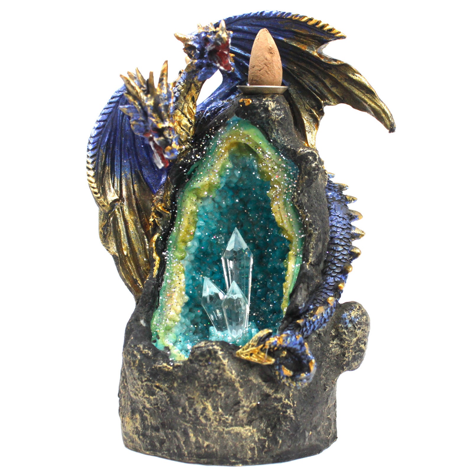 A dragon figurine with blue and gold scales wraps around a geode containing crystals, featuring a cone-shaped incense holder atop.