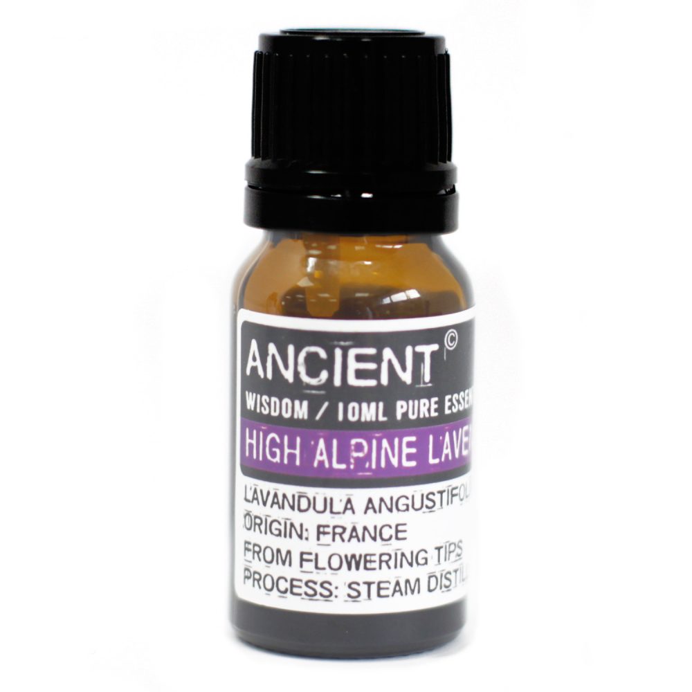 A bottle of brown essential oil sits against a white backdrop. The label reads: "ANCIENT WISDOM / 10ML PURE ESSEN HIGH ALPINE LAVE LAVANDULA ANGUSTIFOL ORIGIN: FRANCE FROM FLOWERING TIPS PROCESS: STEAM DISTIL".