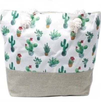 A tote bag with rope handles features a white background with a cactus print above a beige bottom.