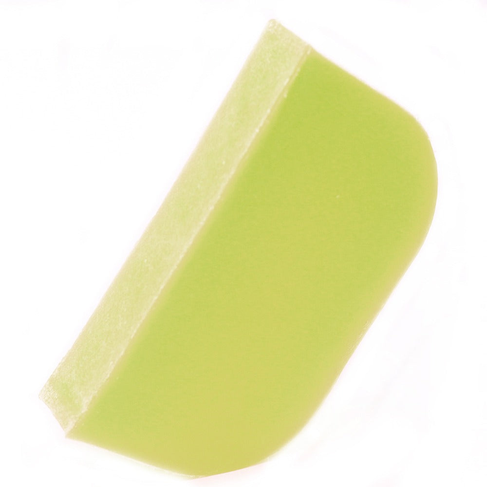 A pale-green soap bar rests on a white background.