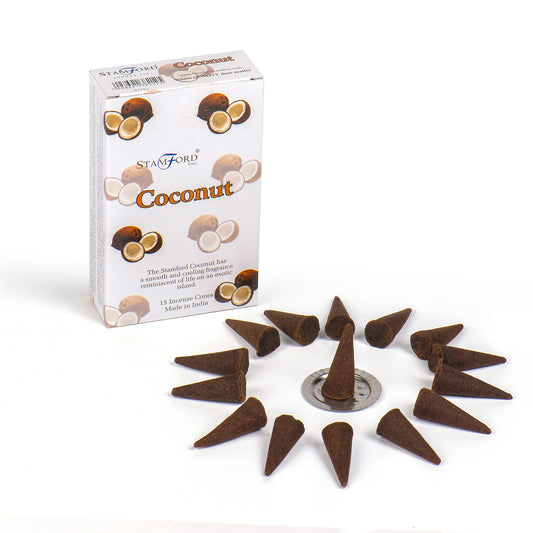 Box of coconut incense cones arranged in a circle on a white surface. Text on the box: "STAMFORD INC Coconut. The Stamford Coconut has a smooth and cooling fragrance reminiscent of life on an exotic island. 15 Incense Cones Made in India."