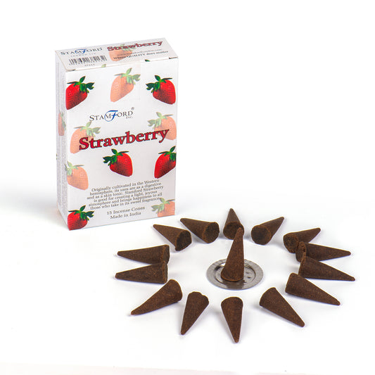 A box of Stamford Strawberry incense cones arranged around a metal holder. Box text highlights strawberry's digestive and healing properties, with illustrations of strawberries. Made in India, 15 cones included.
