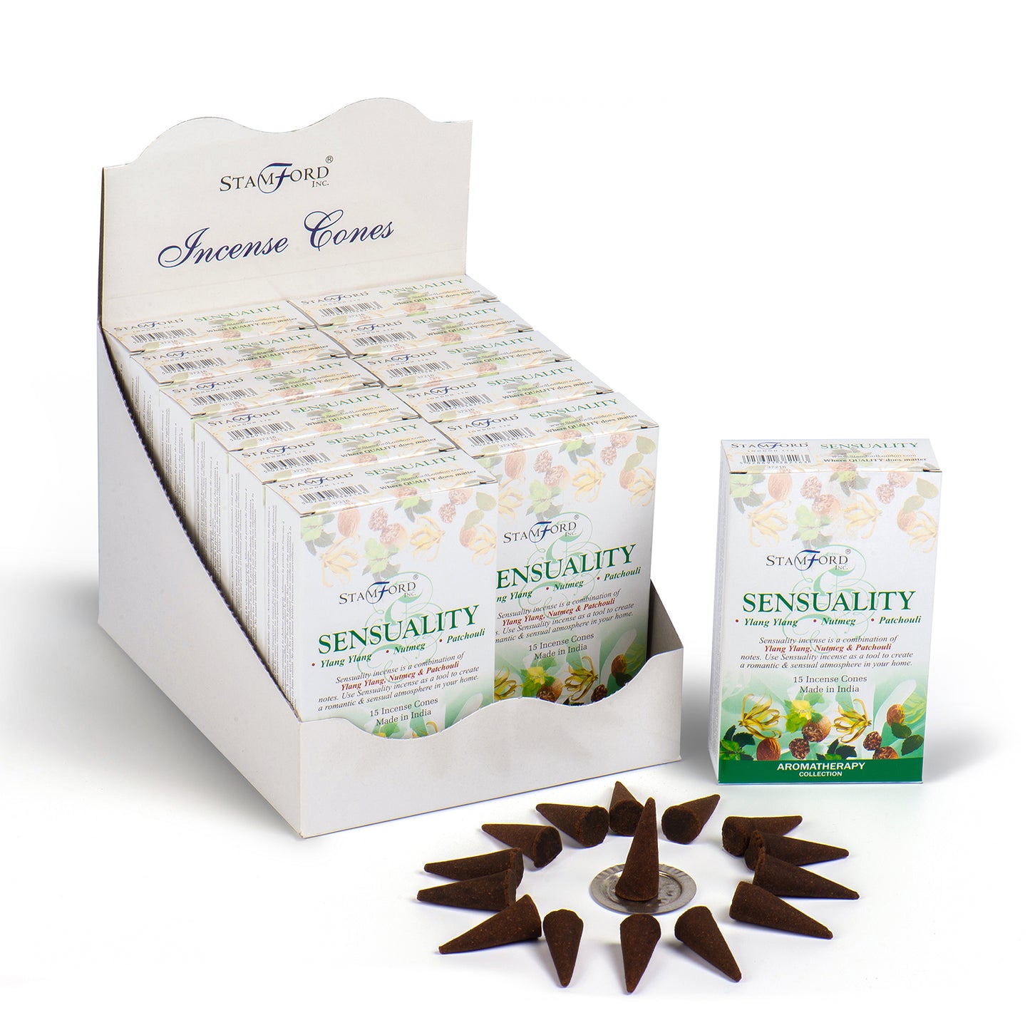 Box of Stamford Incense Cones labeled "Sensuality," featuring ylang ylang and patchouli for aromatherapy. Displayed with a larger box containing multiple smaller boxes and arranged incense cones around the front.