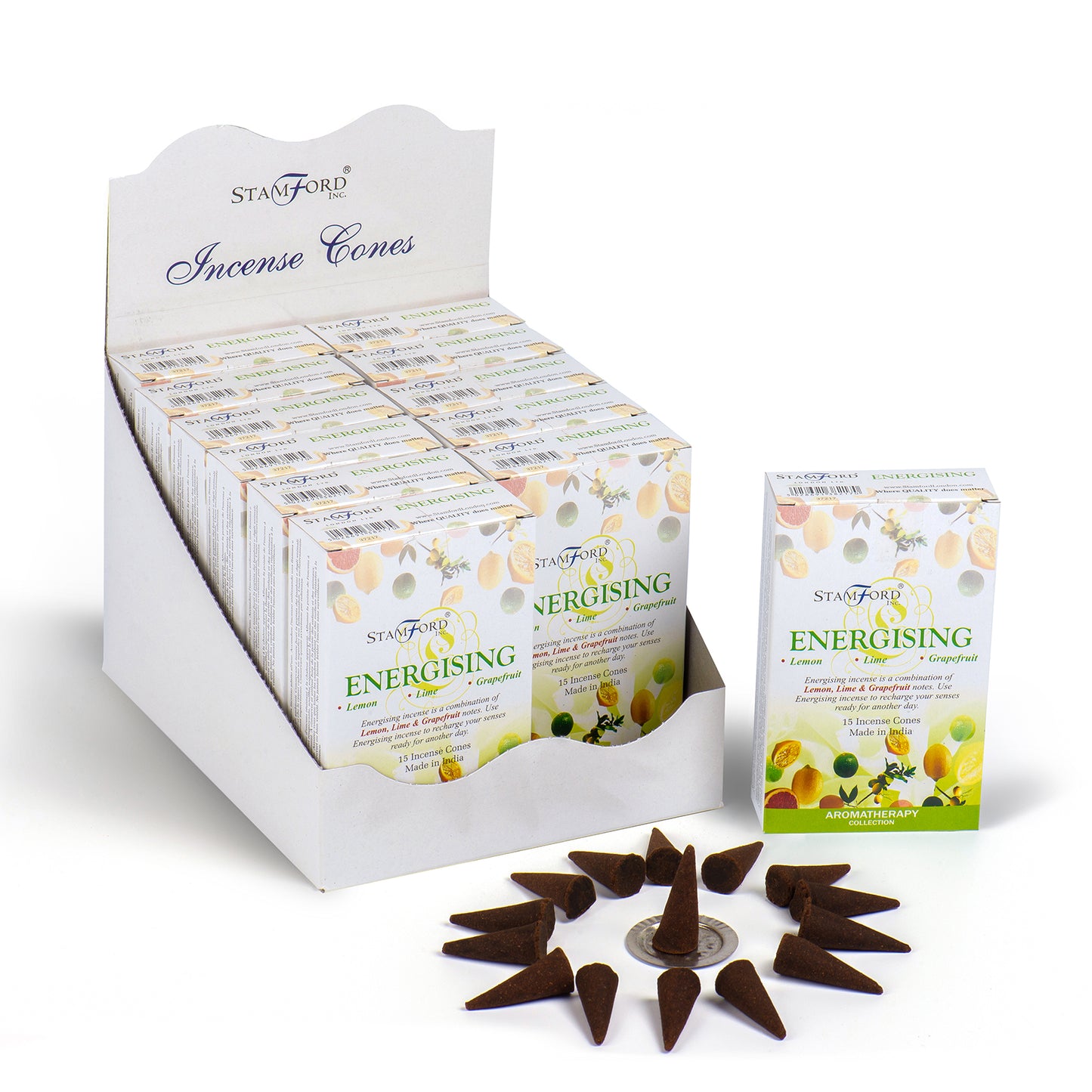 Incense cones displayed in a white box labeled "Stamford Incense Cones." A separate box reads "Energising Lemon, Lime & Grapefruit" beside arranged cones, suggesting an aromatherapy collection.