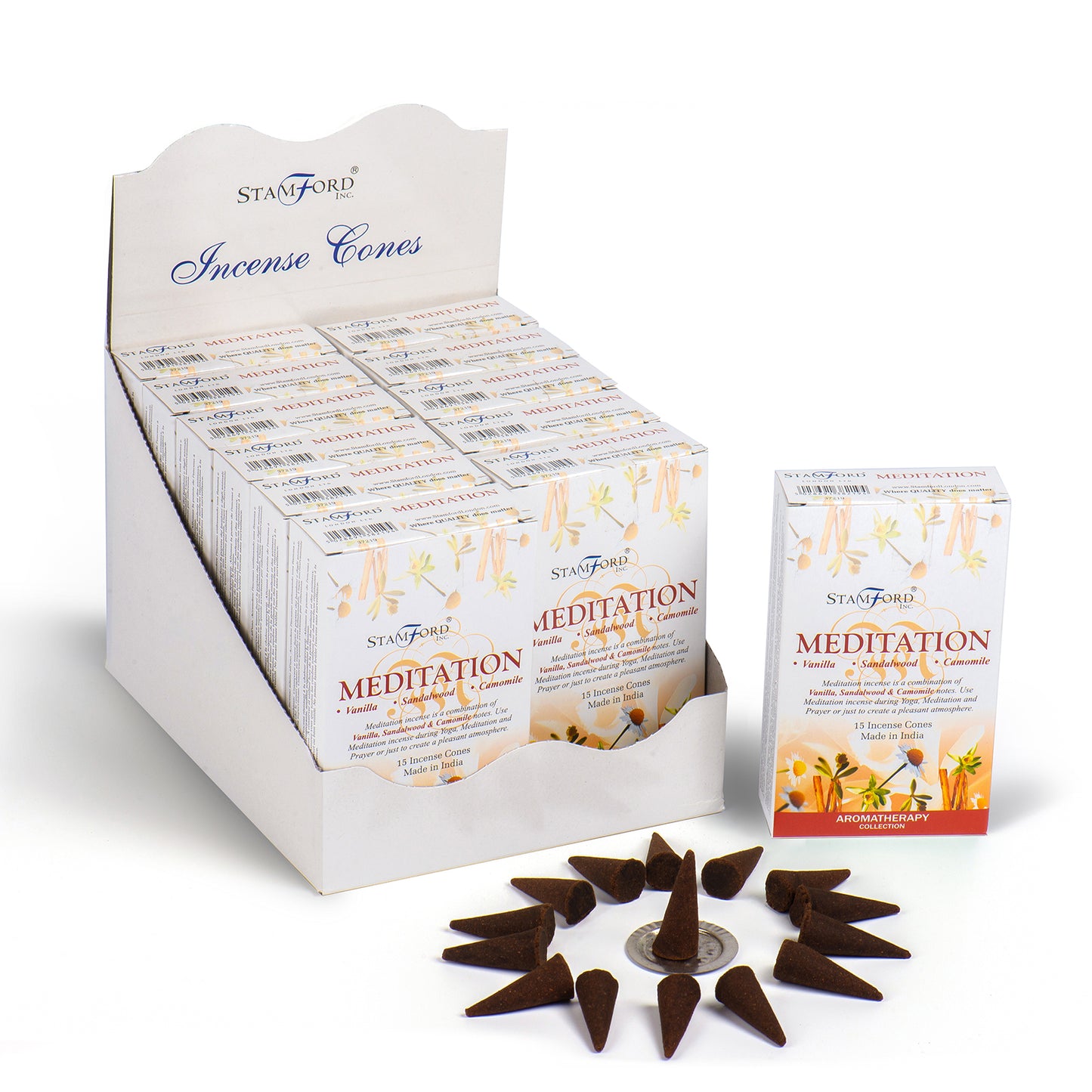 Incense cones in a white display box labeled "Stamford Incense Cones." Individual boxes read "Stamford Meditation" featuring vanilla, sandalwood, chamomile. Includes 15 cones per box. Aromatherapy collection from India. Cones arranged in a circle.