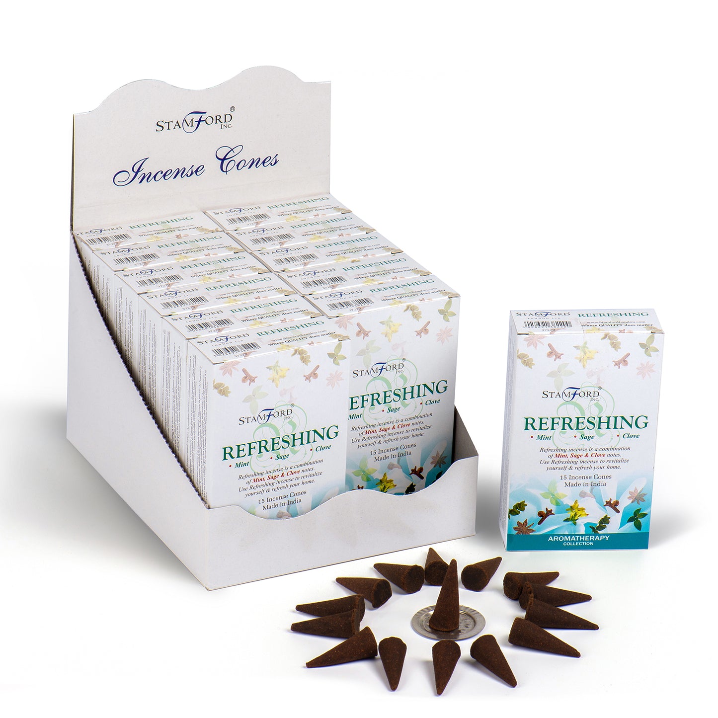A display box with multiple packages of Stamford Refreshing Incense Cones. Text: "Refreshing Mint, Sage, Clove" and "15 Incense Cones Made in India." Brown cones are arranged circularly on a small stand.