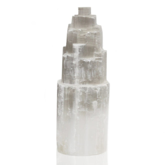 Natural 25 cm selenite tower lamp with soft glow — crystal light lamp for home decor, meditation spaces, energy cleansing and ambient lighting (UK).