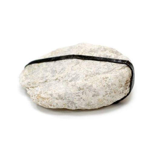 A round, gray-white stone is encircled by a matte black band around its middle, contrasting with the plain white background.