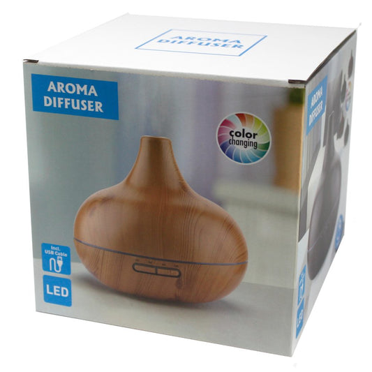 A cardboard box showcases an "AROMA DIFFUSER," with a photo of the wood-grain diffuser featuring "color changing" lights and "LED" indicator, plus it includes "USB Cable."