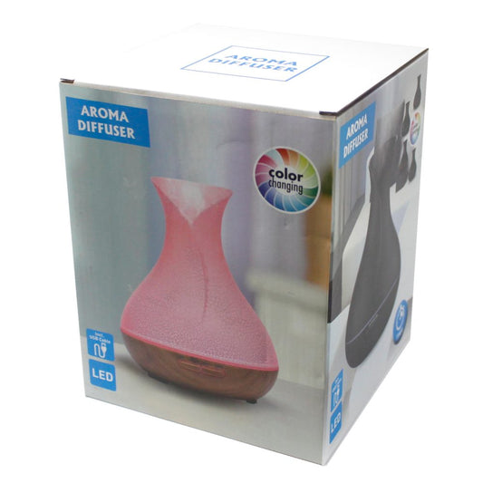 A white box displays a pink aroma diffuser with a wooden base and the words "AROMA DIFFUSER," "color changing," "Incl. USB Cable," and "LED" printed on its sides.