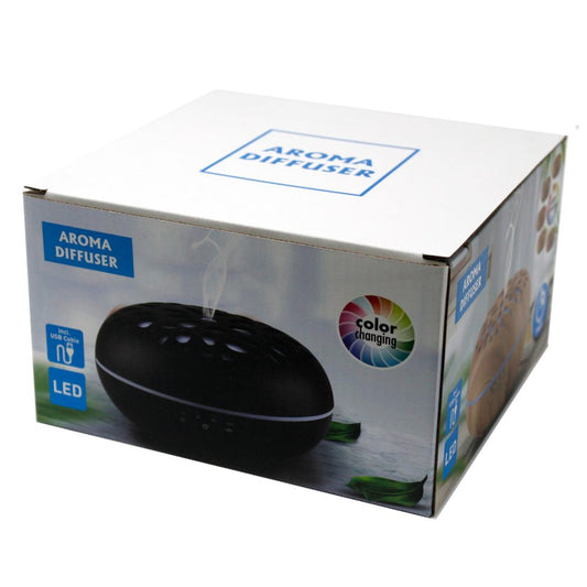 A white cardboard box displays a black "Aroma Diffuser," expelling vapor in a product image. Text on the box includes "AROMA DIFFUSER," "Incl. USB Cable," and "LED," alongside "color changing" in rainbow lettering.