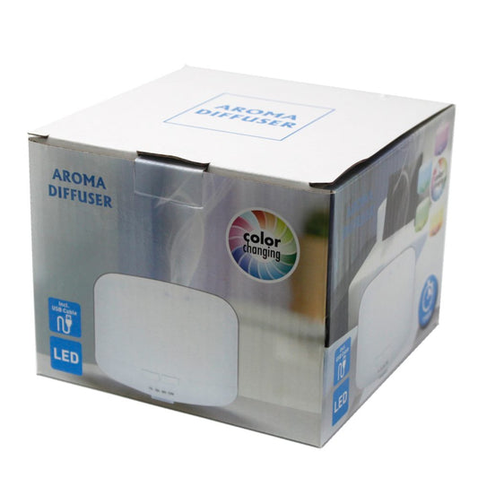 A cardboard box displays an "AROMA DIFFUSER". The box shows the diffuser and features "color changing," "incl. USB Cable," and "LED" information on a white background.