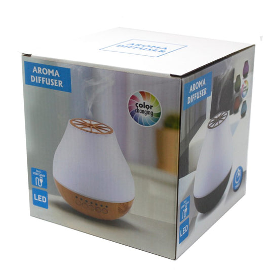 Aroma Diffuser box shows product images against blurred backgrounds, including "color changing" indicators and text mentioning "AROMA DIFFUSER", "Incl. USB Cable", and "LED".