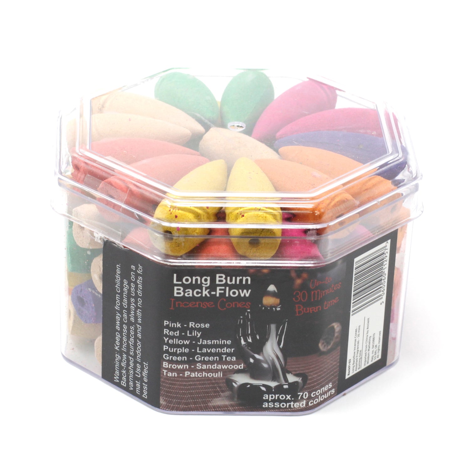 A hexagonal container holds colorful conical incense cones. Label text: "Long Burn Back-Flow Incense Cones. Up to 30 Minutes Burn time. Pink - Rose, Red - Lily, Yellow - Jasmine, Purple - Lavender, Green - Green Tea, Brown - Sandalwood, Tan - Patchouli. Approx. 70 cones assorted colours."
