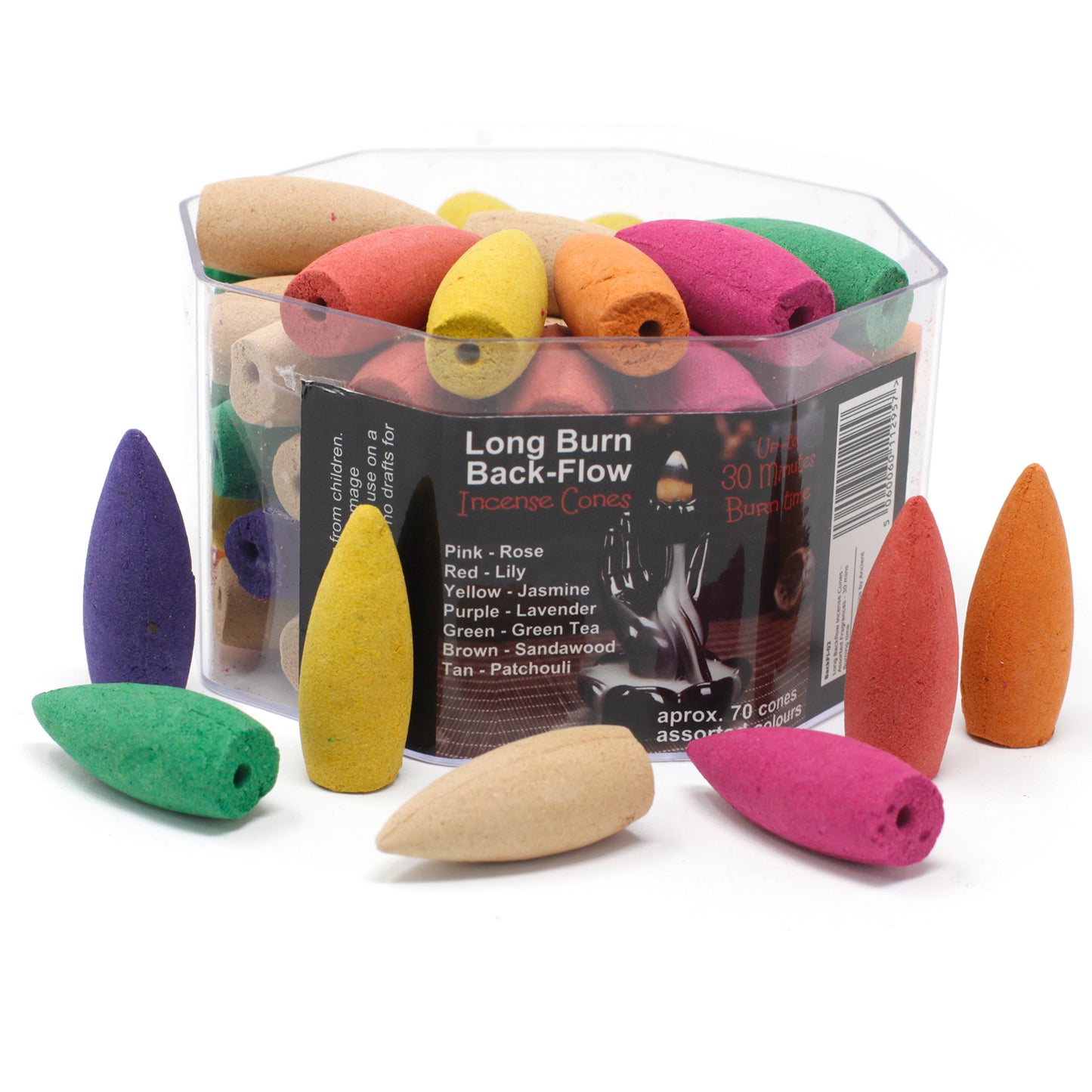 Incense cones packaged in a clear container. Text on the label: "Long Burn Back-Flow Incense Cones. Pink - Rose, Red - Lily, Yellow - Jasmine, Purple - Lavender, Green - Green Tea, Brown - Sandalwood, Tan - Patchouli. Up to 30 minutes burn time. Approx. 70 cones assorted colors." Cones are scattered around the container.