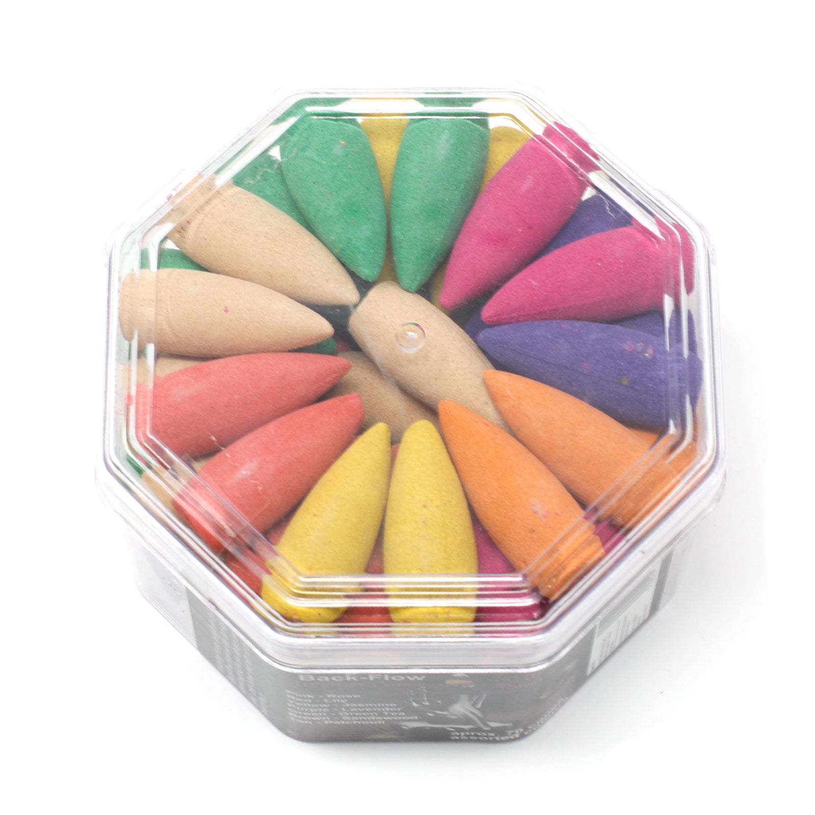 Cone-shaped incense pieces in various colors are arranged neatly inside a transparent, octagonal plastic container. The container's label reads, “Back Flow Incense Cones."