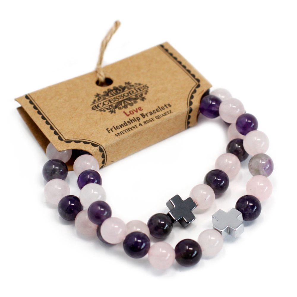 Set of 2 Gemstones Friendship Bracelets - Love - Amethyst and Rose Quartz