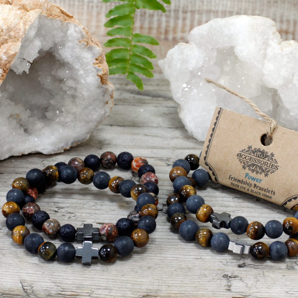 Set of 2 Gemstones Friendship Bracelets - Power - Tiger Eye and Lava Stone