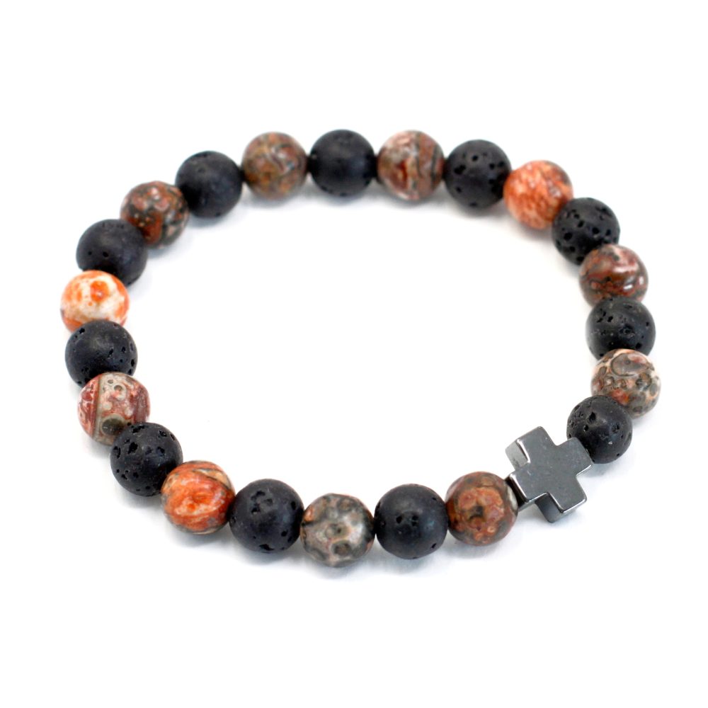 Set of 2 Gemstones Friendship Bracelets - Eternity - Leopard Skin Jasper and Lava Stone