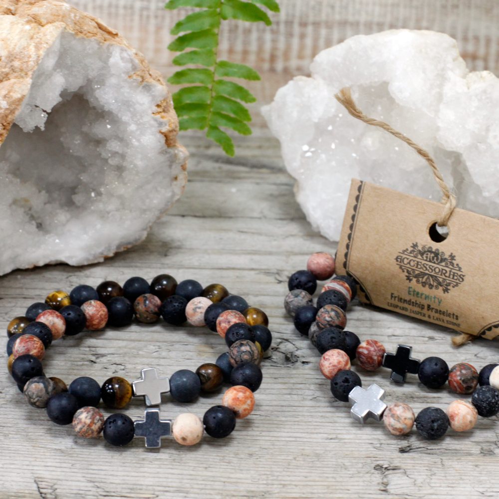 Set of 2 Gemstones Friendship Bracelets - Eternity - Leopard Skin Jasper and Lava Stone