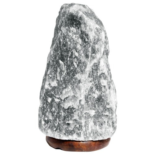 A large, textured gray rock sits upright on a smooth, brown wooden base, isolated against a white background.