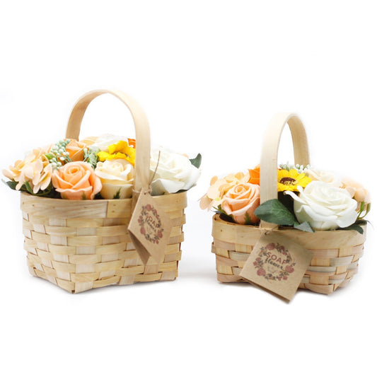Large Orange Bouquet in Wicker Basket soap flower arrangement with vibrant orange tones and wicker display