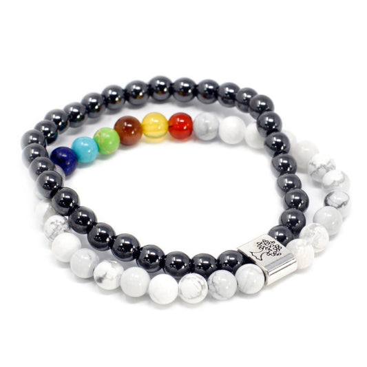 Two beaded bracelets lie side by side on a white surface. The top bracelet has black, white, and rainbow beads, while the bottom bracelet has a silver tree charm.