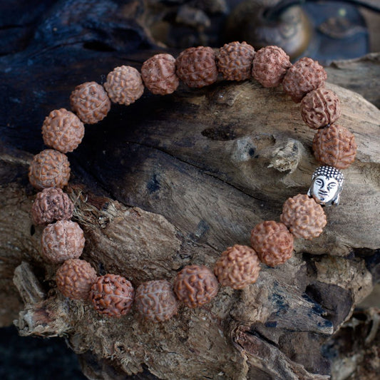 A beaded bracelet circles on a piece of driftwood. A silver Buddha head charm sits among the brown, textured beads.