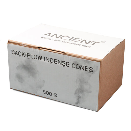 A cardboard box labeled "ANCIENT" and "BACK FLOW INCENSE CONES" in black text, containing 500 grams. The package is plain, situated against a white background.