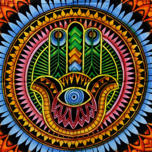 A multicolored Hamsa hand, richly detailed, is displayed centrally within a vibrant mandala pattern.