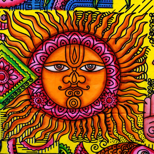 A stylized sun, depicted with a face and radiating rays, is painted on a vibrant yellow background amongst other colorful designs.