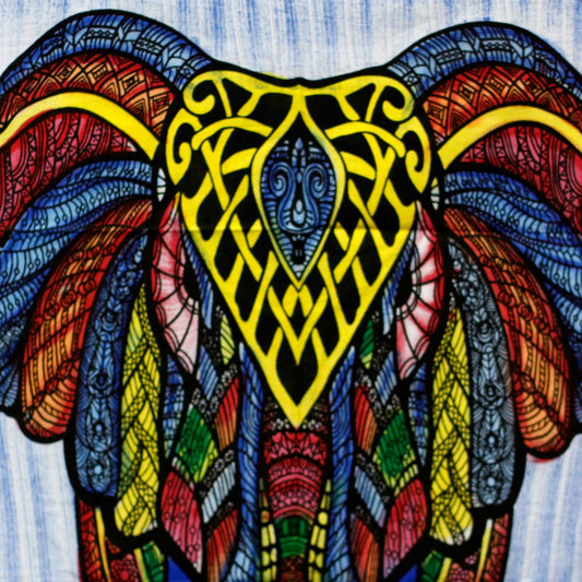 A colorful elephant, depicted in intricate, patterned detail, is displayed against a light blue background.