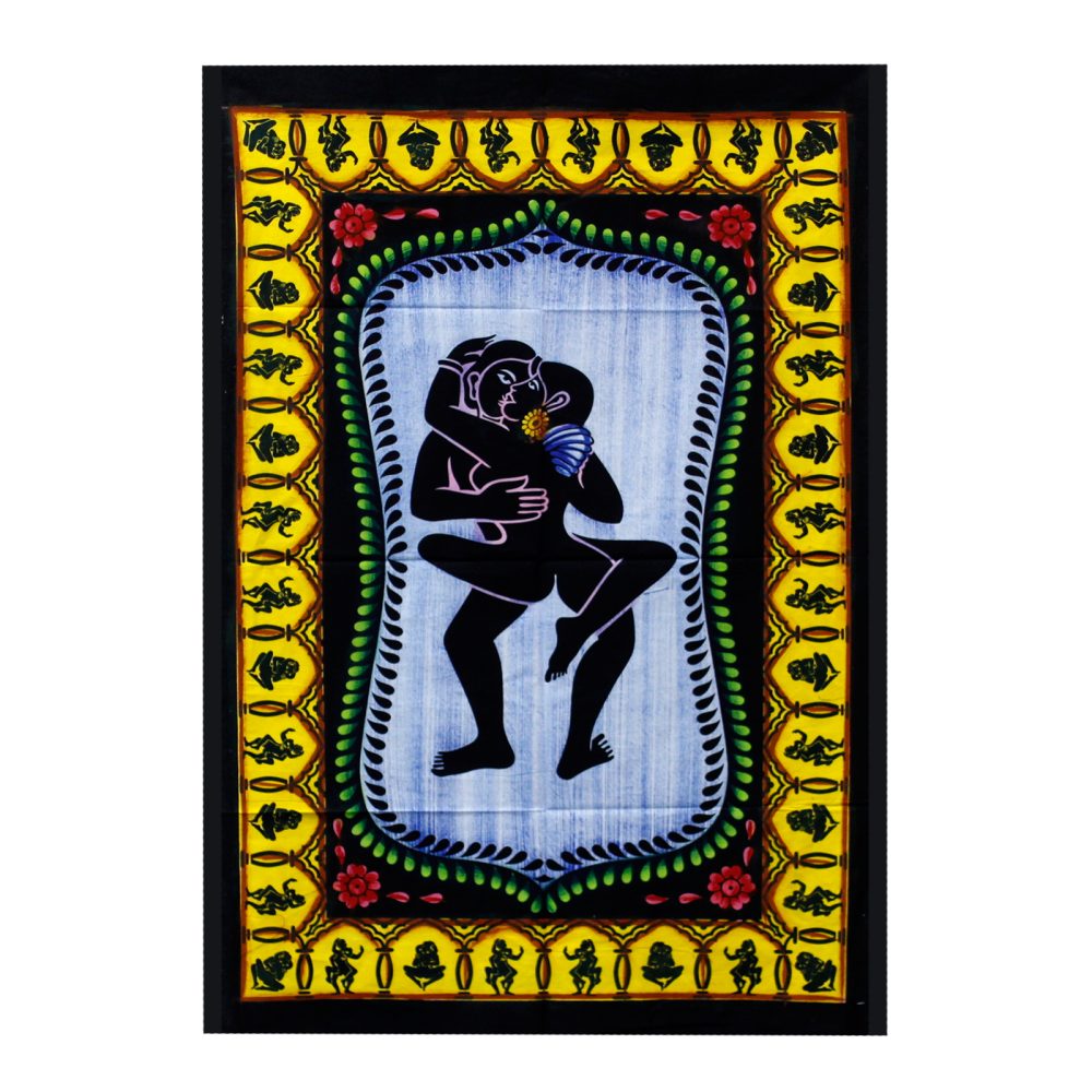 A tapestry depicts a couple embracing; the artwork is framed by an ornate, multicolored border.