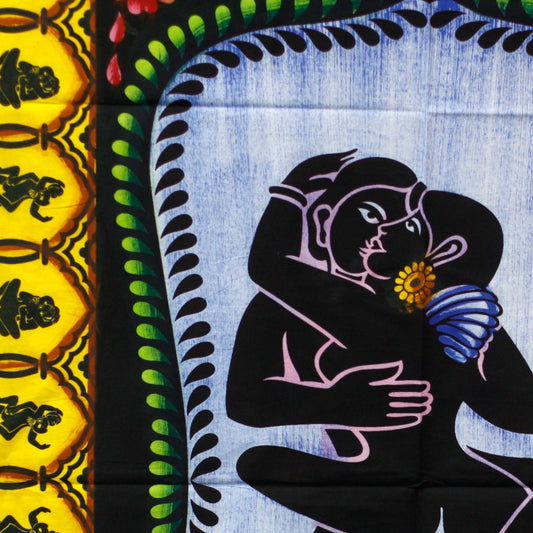 Two figures embrace, one holding a flower; this painted textile artwork features a border of repeated smaller figures.