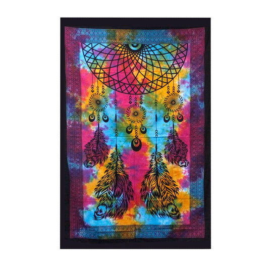 A tie-dye tapestry depicts a dreamcatcher with feathers. The dreamcatcher is centrally positioned against a vibrant, multicolored background.