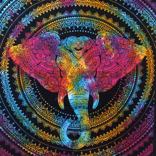 An elephant's head, adorned with intricate mandala patterns in tie-dye colors, is centrally displayed against a black background encircled by concentric mandala borders.