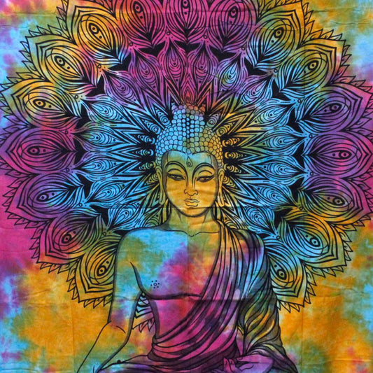 A tie-dye tapestry depicts Buddha in a meditative pose, adorned with a mandala. The vibrant colors are predominantly blues, pinks, and yellows.