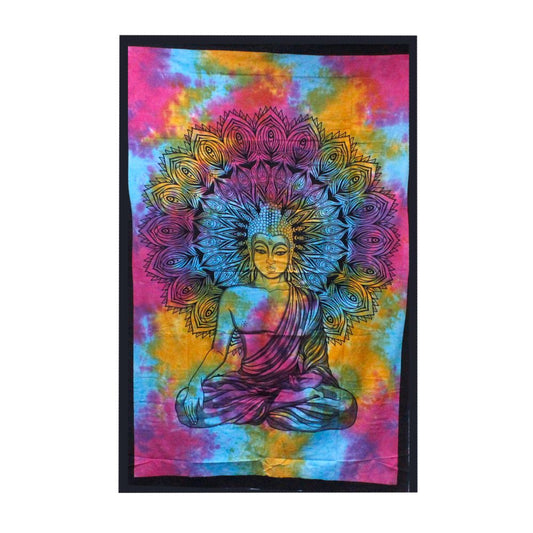 A tie-dye tapestry depicts a Buddha figure in a meditative pose, centered within a mandala, on a multicolored background.