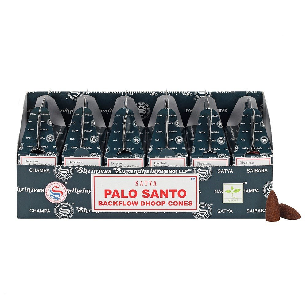 A box features multiple "Satya Palo Santo Backflow Dhoop Cones" packages arranged neatly, with two brown cones placed beside it. The packaging is blue with logo details and direction text.