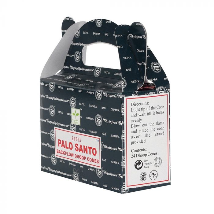 A box labeled "Satya Palo Santo Backflow Dhoop Cones" displays directions: "Light tip of the Cone and wait till it burns evenly. Blow out the flame and place the cone over the stand provided." Contains 24 Dhoop Cones and is marked as an Eco Friendly Pack. The box features a black background with white text and branding, including "Shrinivas" and "Saibaba."