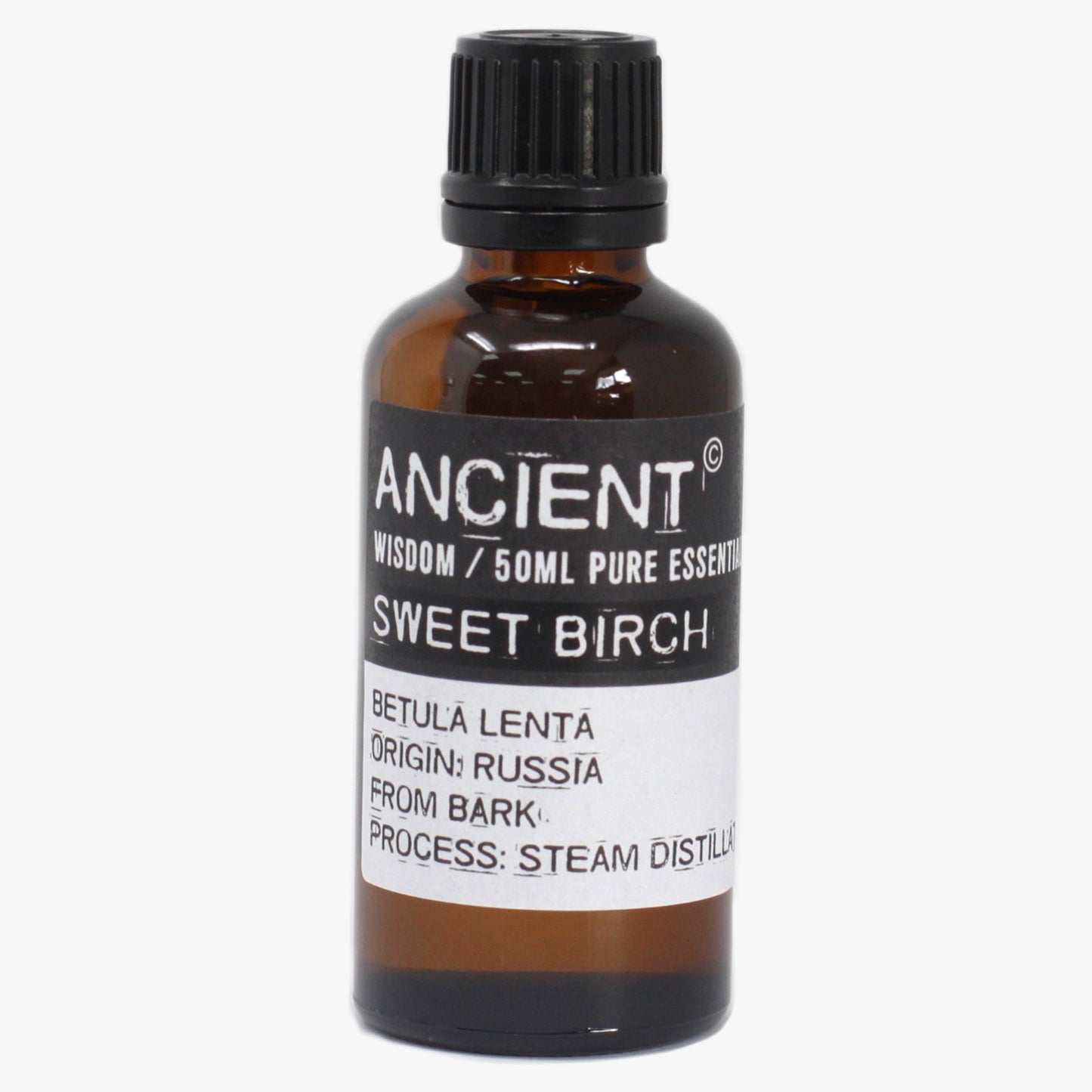 A small brown bottle with a black cap stands against a white backdrop, labeled "ANCIENT WISDOM / 50ML PURE ESSENTIA SWEET BIRCH BETULA LENTA ORIGIN: RUSSIA FROM BARK PROCESS: STEAM DISTILLA".