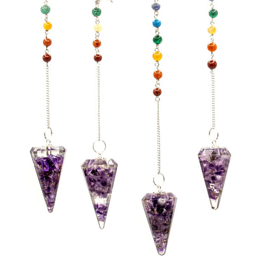 Four purple, stone-filled pendulums hang from silver chains with chakra-colored beads at the top, displayed against a plain white background.